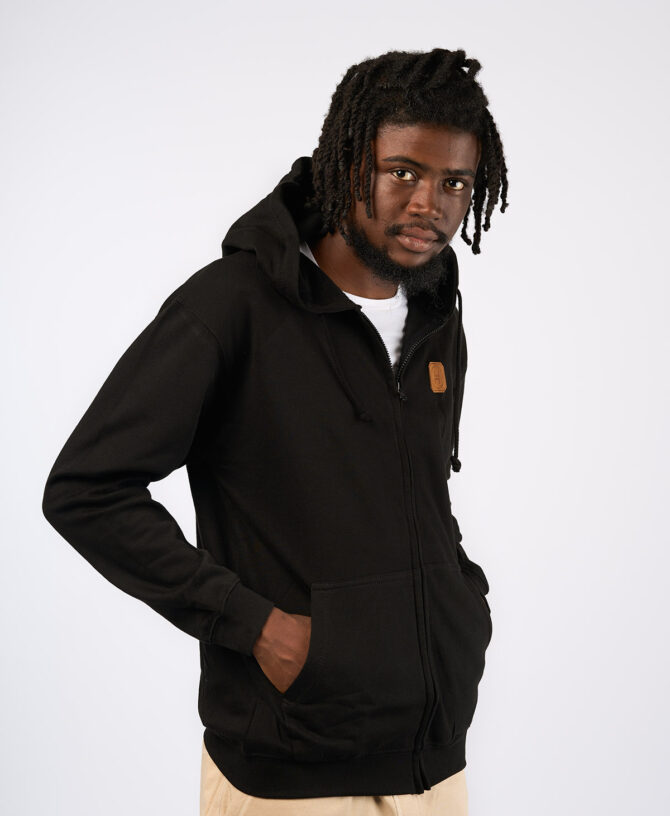 Leather Patch Zip-Up Hoodie (Black)