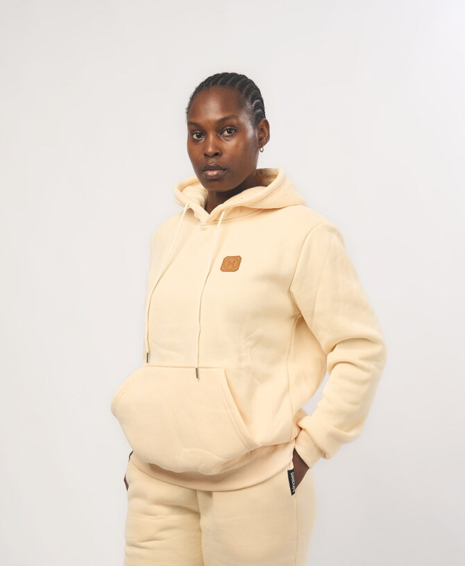 Leather Patch Hoodie — Beige