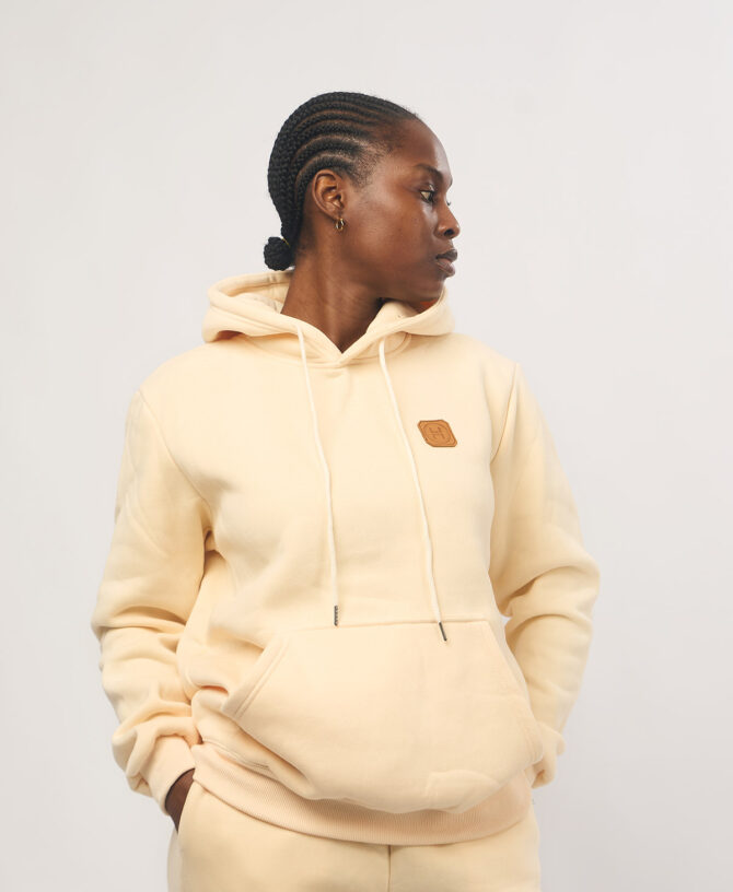 Leather Patch Hoodie — Beige
