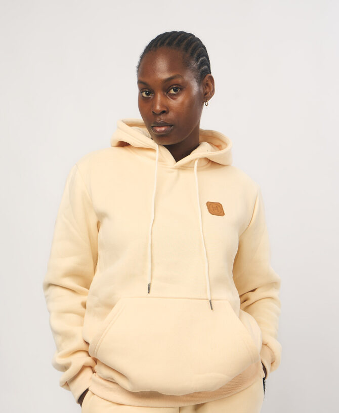 Leather Patch Hoodie — Beige